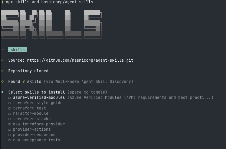 Skills installation interface showing repository source