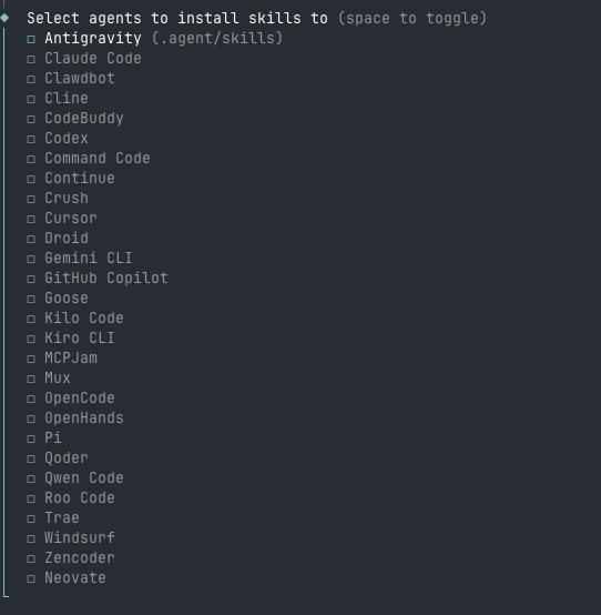 Agent selection interface showing detected coding agents